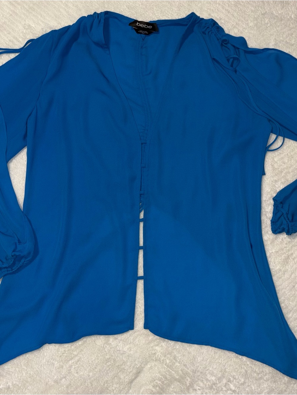 Bebe Bright Blue Long Sleeve V-Neck Blouse open front ties high back